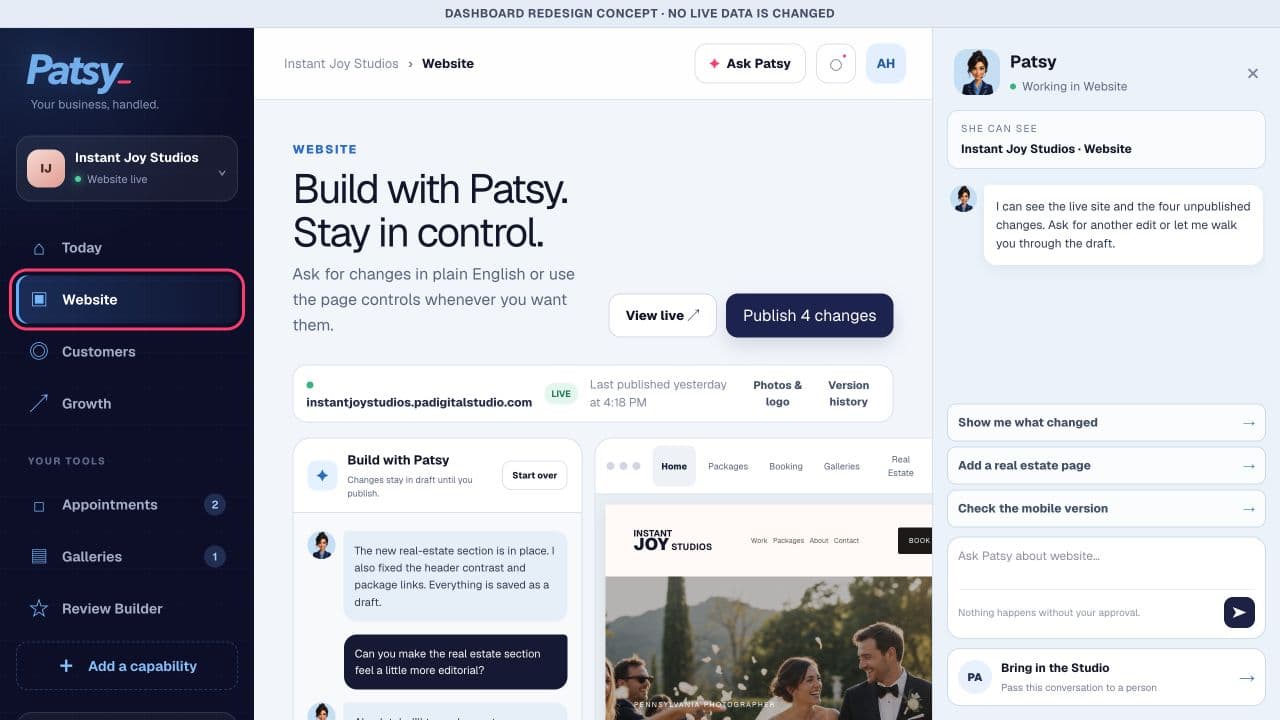 Patsy's website workspace concept showing conversational edits and a page preview