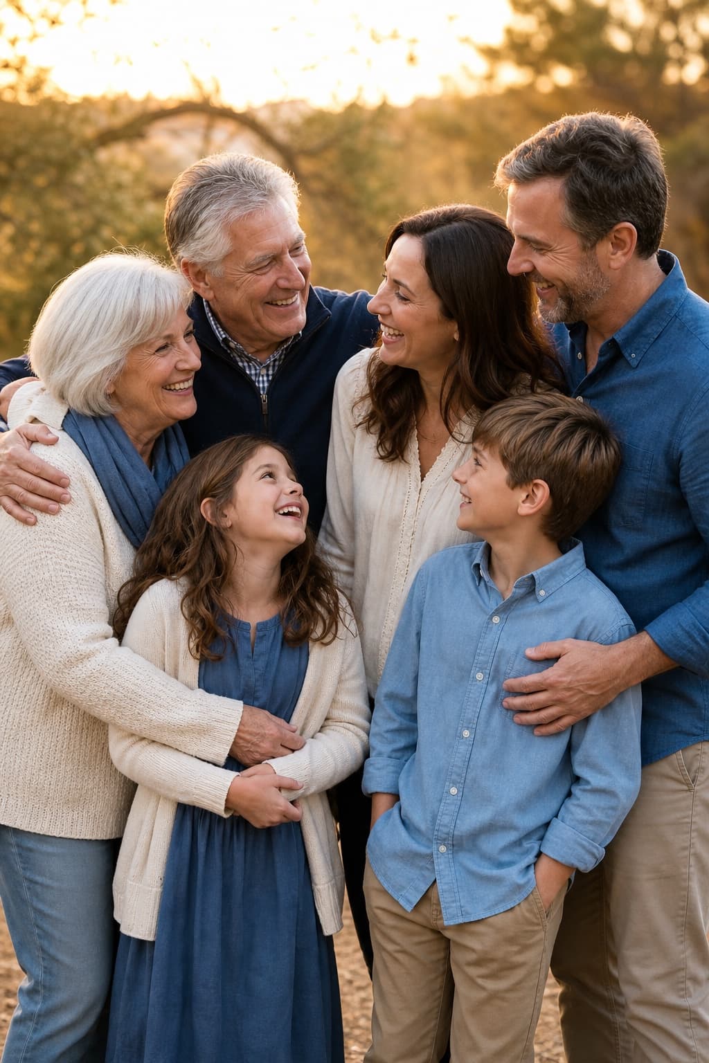 A multigenerational family laughing together during an outdoor portrait session