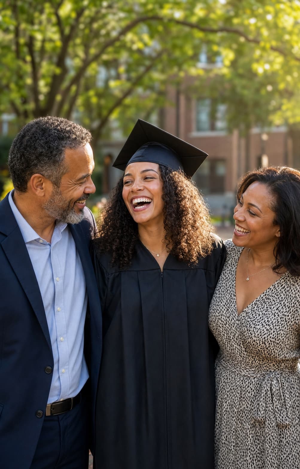 A graduate celebrating with her parents