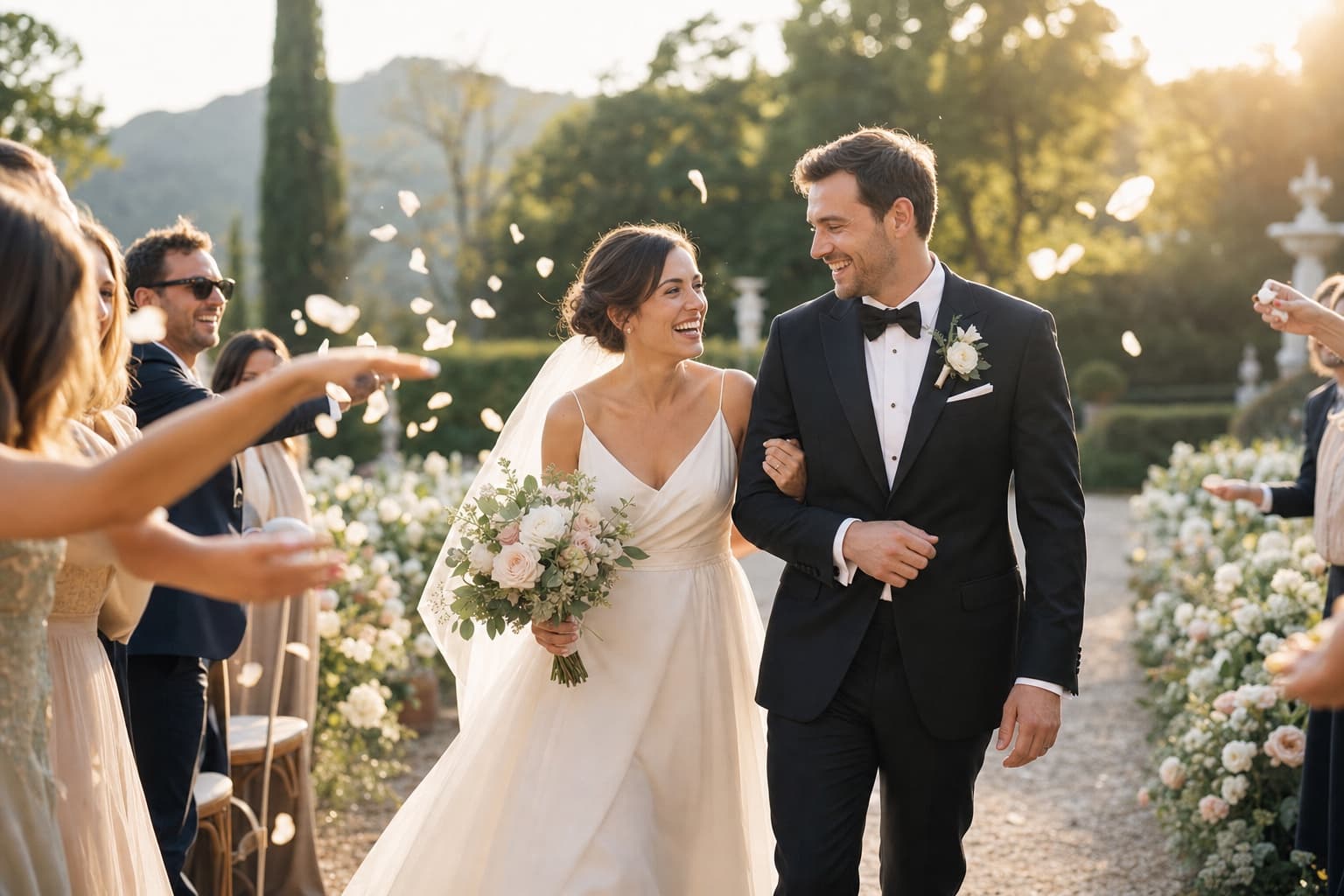 A newly married couple walking through a joyful outdoor ceremony