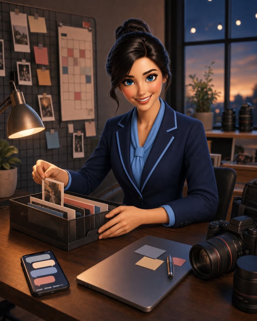 Patsy organizing photography files, a calendar, and studio work into a controlled plan