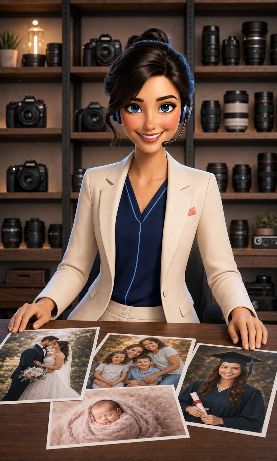 Patsy at a photography worktable surrounded by prints and studio equipment