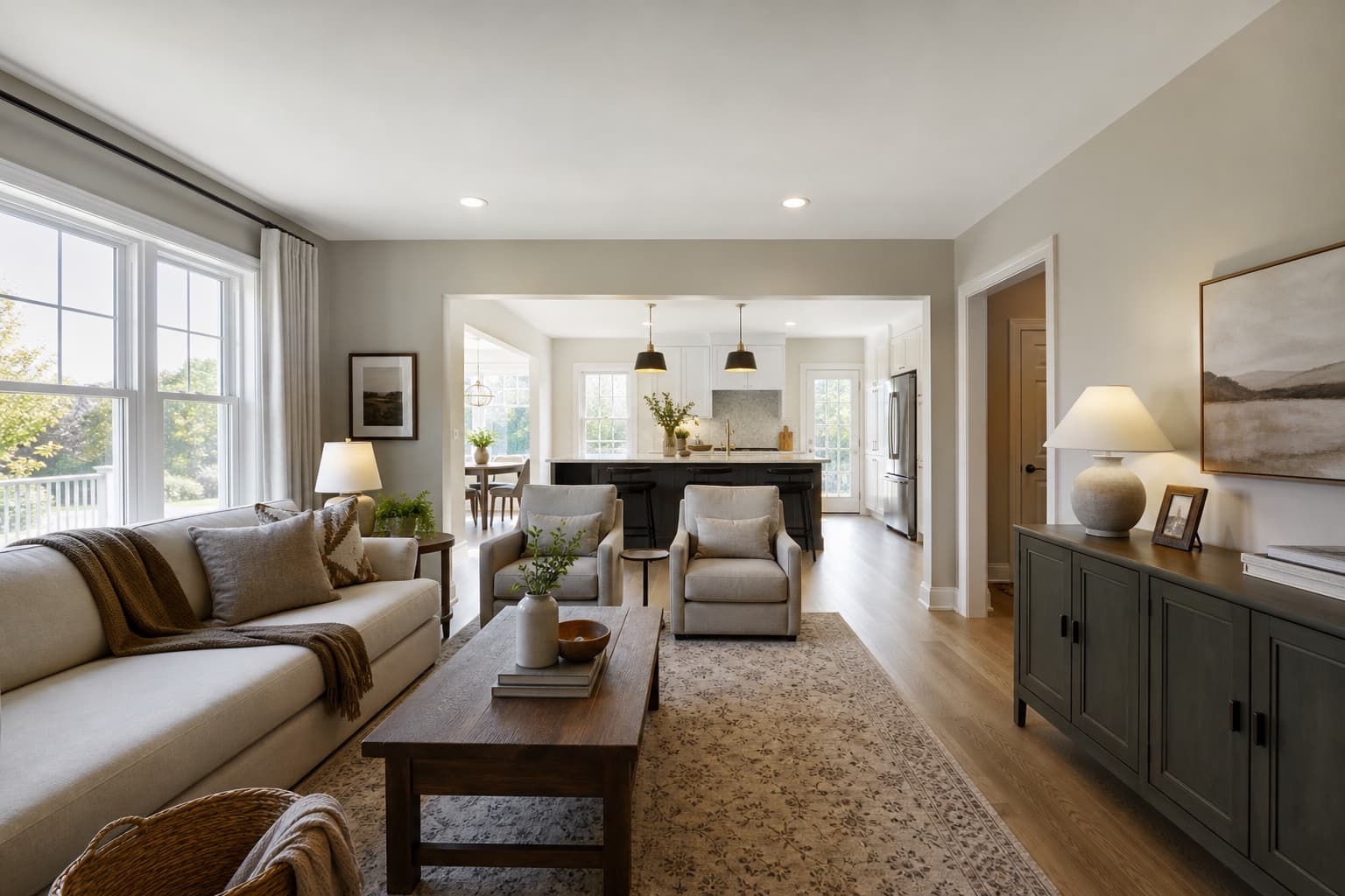 A professionally photographed open-plan home interior