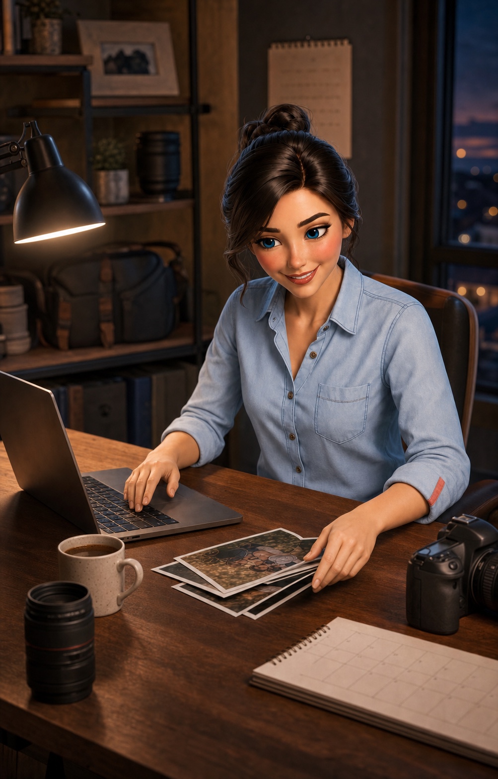 Patsy working at a photographer's desk after hours