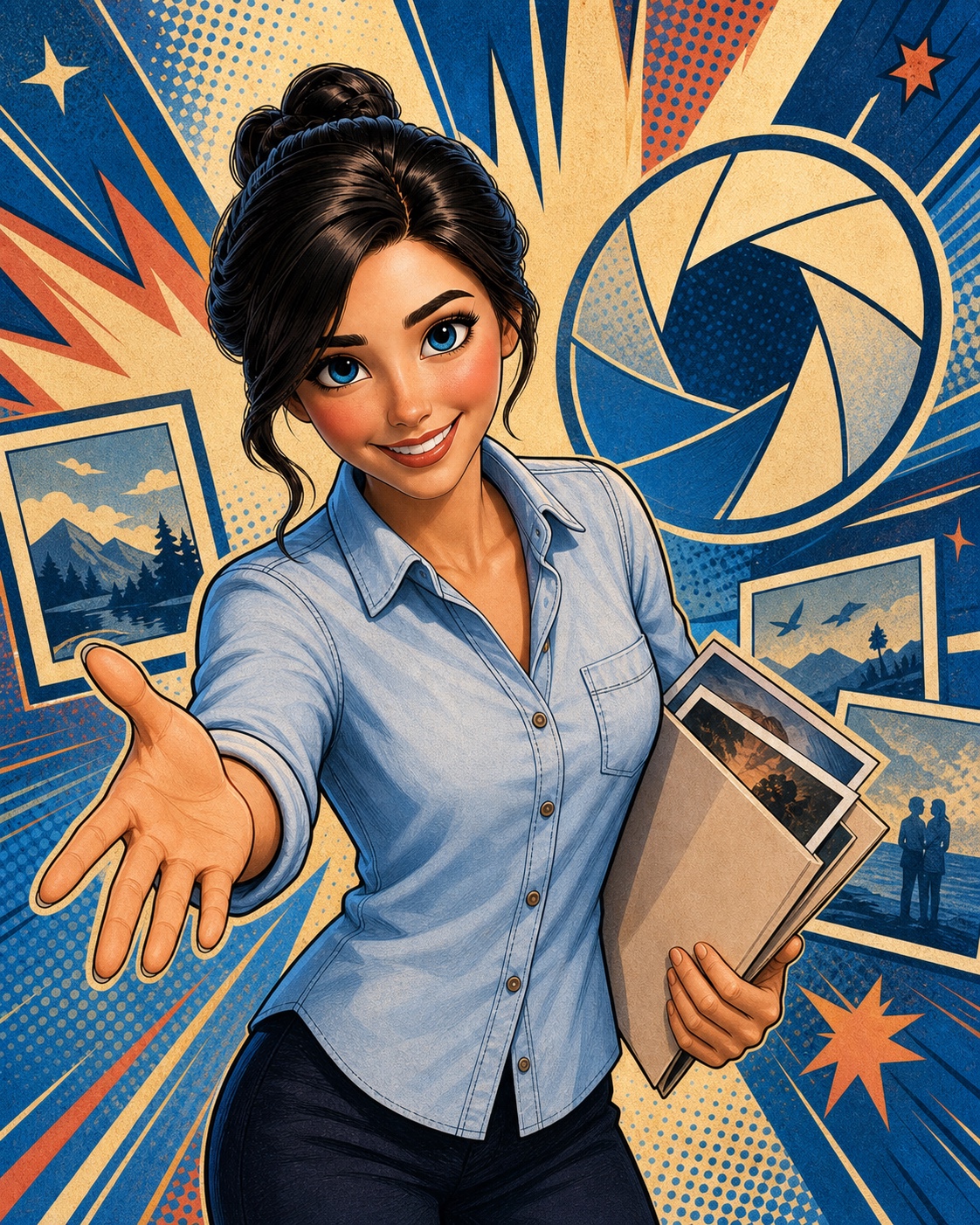 Pop-art illustration of Patsy arriving with photographic prints and an inviting gesture