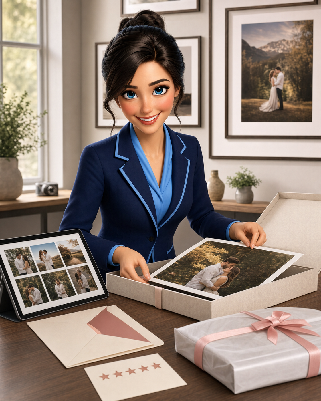 Patsy acting as a client-experience director while preparing a branded gallery and fine-art print delivery